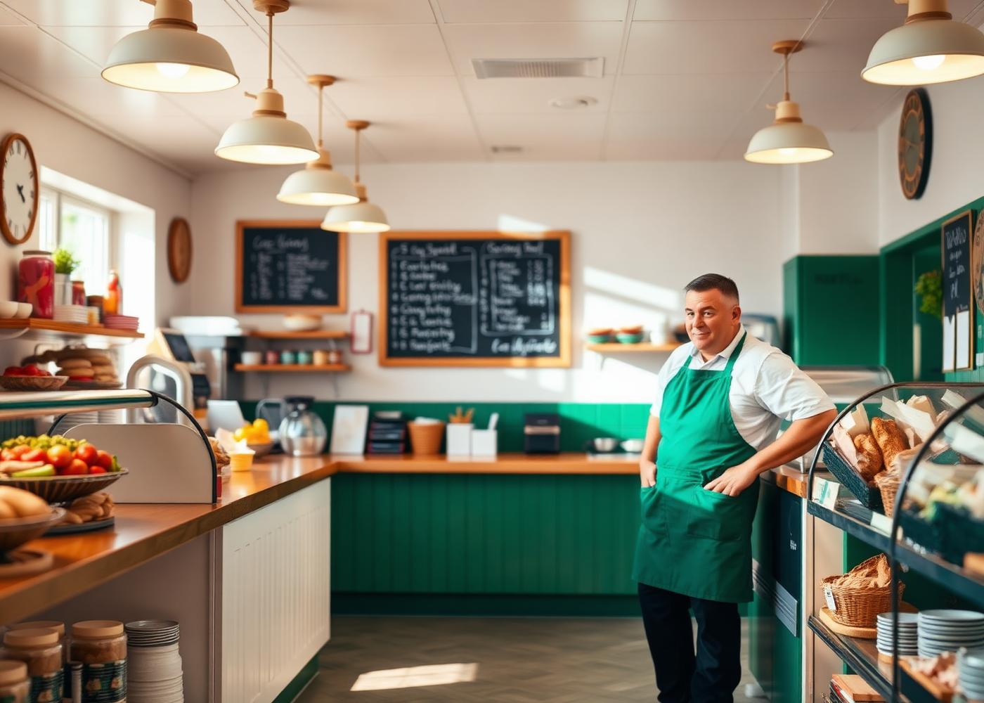 Owner behind the counter of an independent deli and sandwich shop